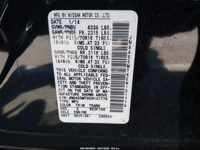 Aukcja sprzedaży 2014 Nissan Rogue Select S, vin: JN8AS5MTXEW101779, numer aukcji: 45036545