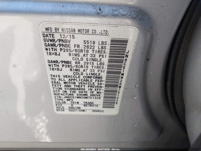 Aukcja sprzedaży 2016 Infiniti Qx70, vin: JN8CS1MW2GM751328, numer aukcji: 45036554