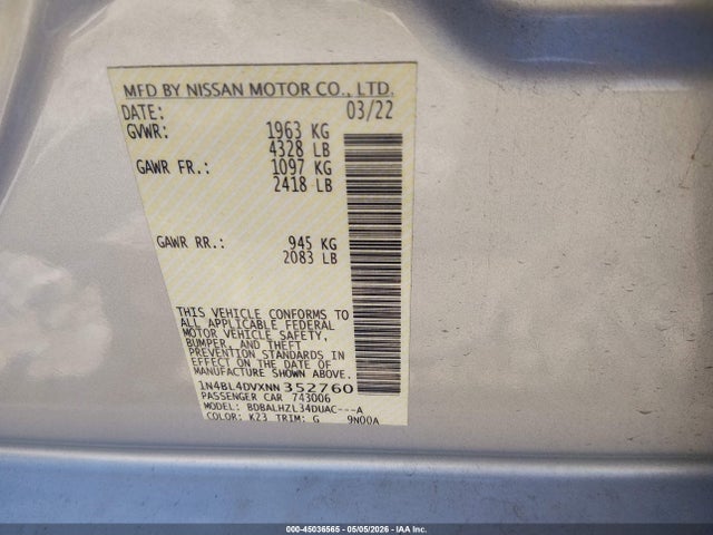 1N4BL4DVXNN352760 Nissan Altima Sv Fwd
