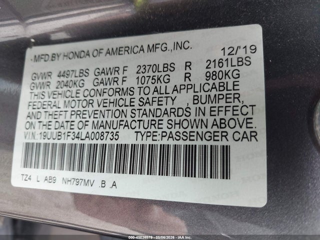 Auction sale of the 2020 Acura Tlx Standard, vin: 19UUB1F34LA008735, lot number: 45036579