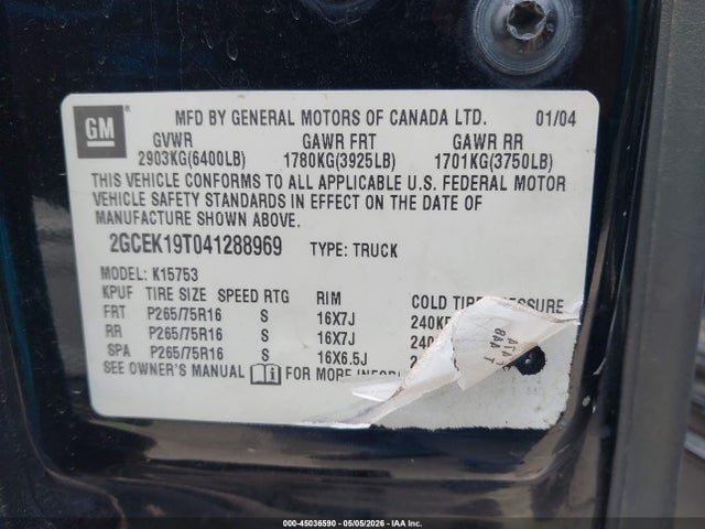 45036590 :رقم المزاد ، 2GCEK19T041288969 vin ، 2004 Chevrolet Silverado 1500 Ls مزاد بيع
