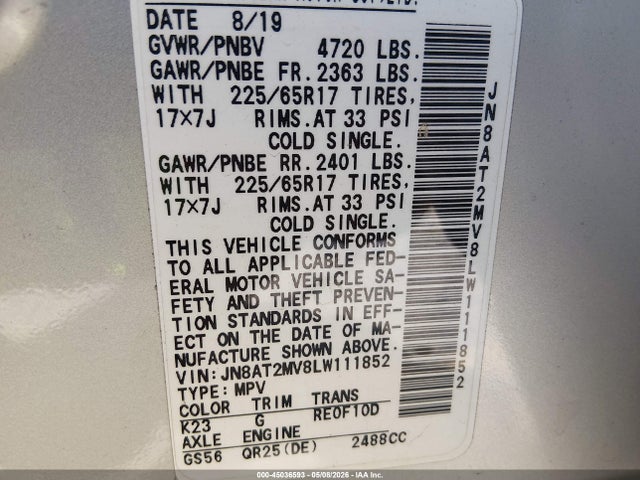 45036593 :رقم المزاد ، JN8AT2MV8LW111852 vin ، 2020 Nissan Rogue Sv Intelligent Awd مزاد بيع
