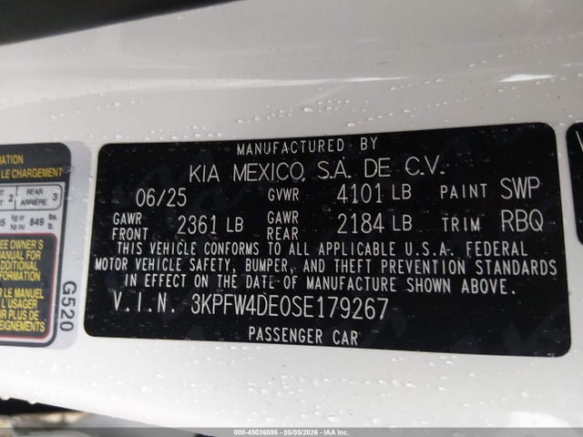 2025 Kia K4 Gt-line მანქანა იყიდება აუქციონზე, vin: 3KPFW4DE0SE179267, აუქციონის ნომერი: 45036595