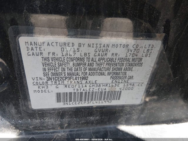 45036601 :رقم المزاد ، 3N1CE2CP3FL411992 vin ، 2015 Nissan Versa Note S (sr)/s Plus/sl/sr/sv مزاد بيع