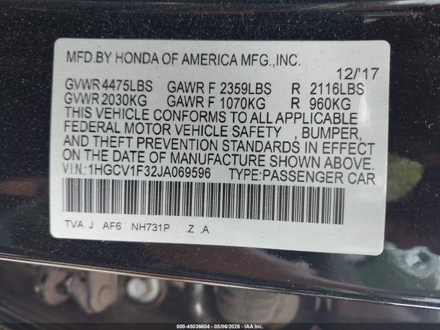 Aukcja sprzedaży 2018 Honda Accord Sport, vin: 1HGCV1F32JA069596, numer aukcji: 45036604