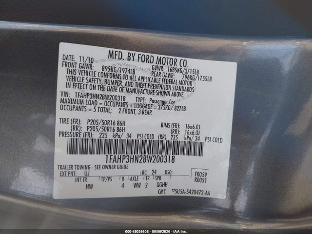 Aukcja sprzedaży 2011 Ford Focus Sel, vin: 1FAHP3HN2BW200318, numer aukcji: 45036606