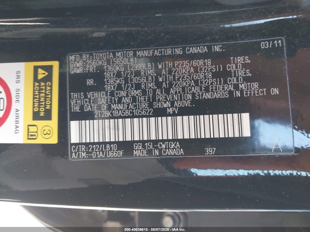45036615 :رقم المزاد ، 2T2BK1BA5BC105622 vin ، 2011 Lexus Rx 350 مزاد بيع