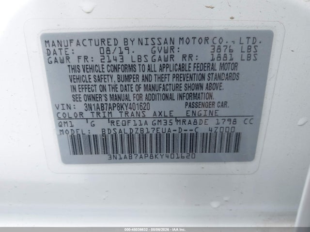 45036632 :رقم المزاد ، 3N1AB7AP8KY401620 vin ، 2019 Nissan Sentra Sv مزاد بيع