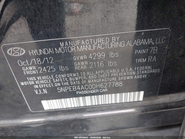 2013 Hyundai Sonata Gls მანქანა იყიდება აუქციონზე, vin: 5NPEB4AC0DH627788, აუქციონის ნომერი: 45036642