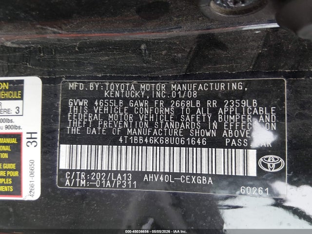 45036656 :رقم المزاد ، 4T1BB46K68U061646 vin ، 2008 Toyota Camry Hybrid مزاد بيع