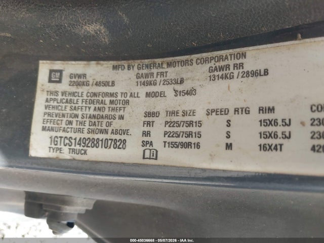 2008 Gmc Canyon Sle1 მანქანა იყიდება აუქციონზე, vin: 1GTCS149288107828, აუქციონის ნომერი: 45036668