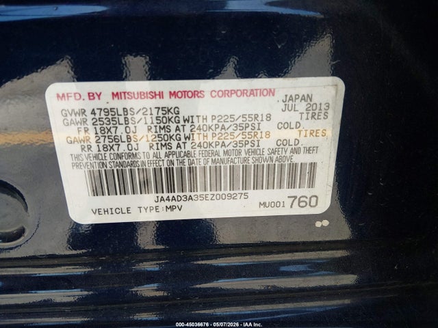 45036676 :رقم المزاد ، JA4AD3A35EZ009275 vin ، 2014 Mitsubishi Outlander Se مزاد بيع