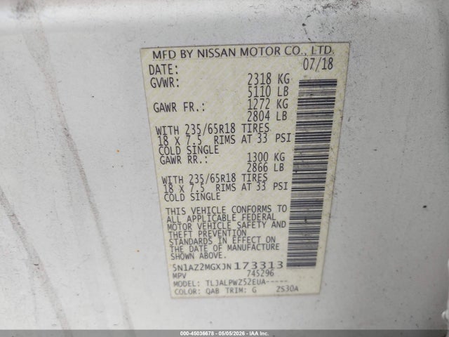 2018 Nissan Murano S მანქანა იყიდება აუქციონზე, vin: 5N1AZ2MGXJN173313, აუქციონის ნომერი: 45036678
