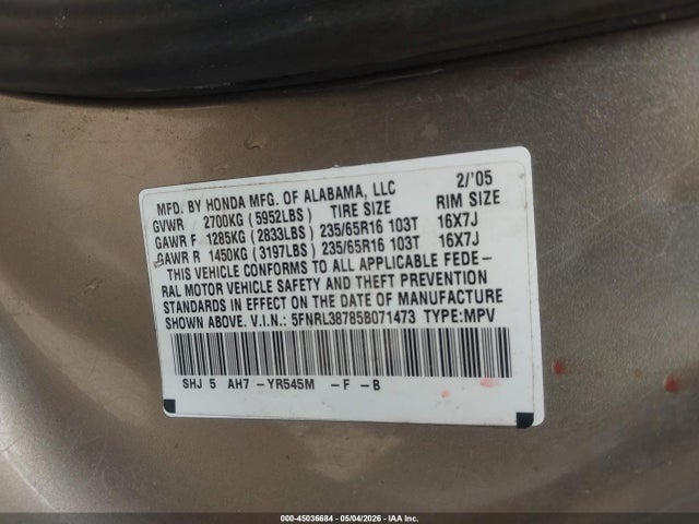 2005 Honda Odyssey Ex-l მანქანა იყიდება აუქციონზე, vin: 5FNRL38785B071473, აუქციონის ნომერი: 45036684