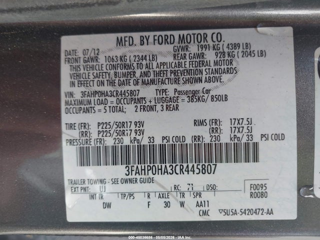 Aukcja sprzedaży 2012 Ford Fusion Se, vin: 3FAHP0HA3CR445807, numer aukcji: 45036686