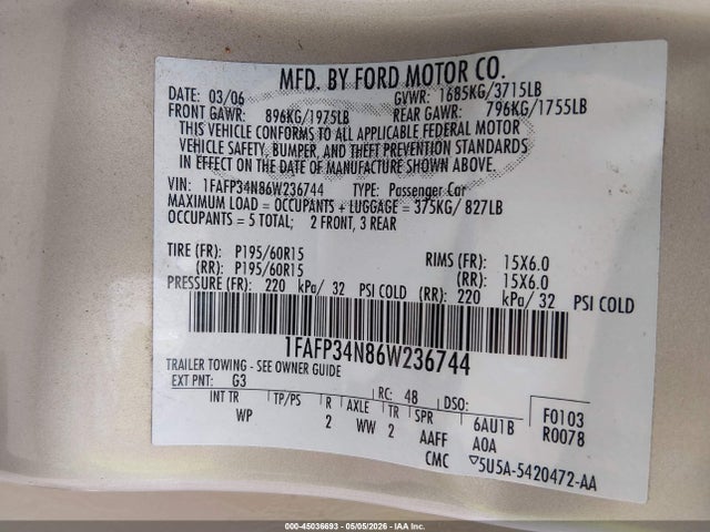 Продажа на аукционе авто 2006 Ford Focus Zx4, vin: 1FAFP34N86W236744, номер лота: 45036693