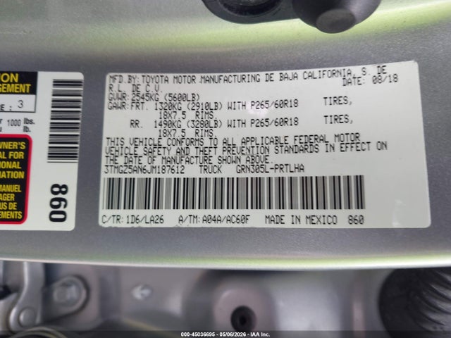 45036695 :رقم المزاد ، 3TMGZ5AN6JM187612 vin ، 2018 Toyota Tacoma Limited مزاد بيع