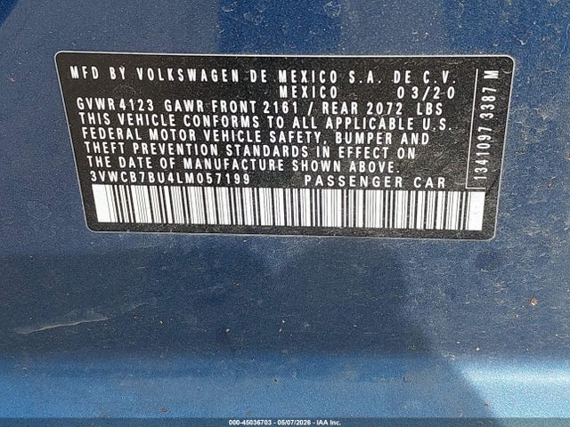 45036703 :رقم المزاد ، 3VWCB7BU4LM057199 vin ، 2020 Volkswagen Jetta 1.4t R-line/1.4t S/1.4t Se مزاد بيع