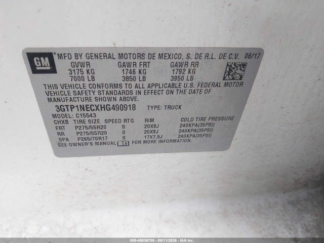Продажа на аукционе авто 2017 Gmc Sierra 1500 Slt, vin: 3GTP1NECXHG490918, номер лота: 45036708