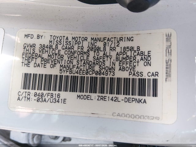 45036717 :رقم المزاد ، 5YFBU4EE0CP004973 vin ، 2012 Toyota Corolla Le مزاد بيع