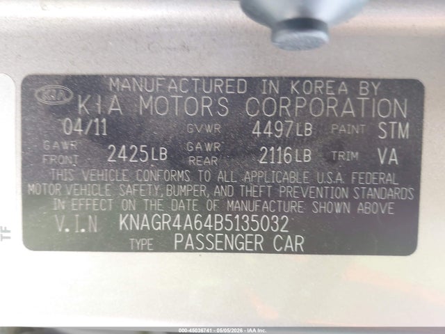2011 Kia Optima Sx მანქანა იყიდება აუქციონზე, vin: KNAGR4A64B5135032, აუქციონის ნომერი: 45036741