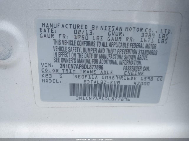 45036748 :رقم المزاد ، 3N1CN7AP6DL877896 vin ، 2013 Nissan Versa 1.6 Sv مزاد بيع