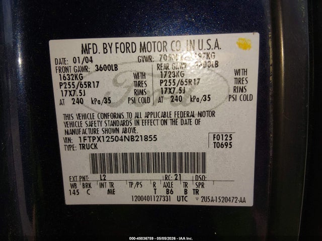 Продажа на аукционе авто 2004 Ford F-150 Lariat/xl/xlt, vin: 1FTPX12504NB21855, номер лота: 45036759
