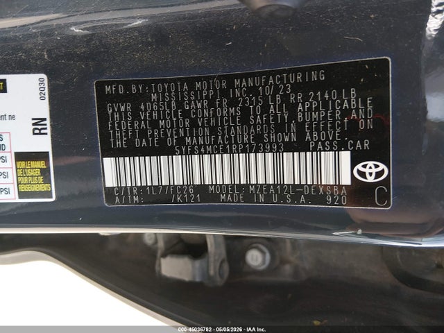 2024 Toyota Corolla Se მანქანა იყიდება აუქციონზე, vin: 5YFS4MCE1RP173993, აუქციონის ნომერი: 45036782