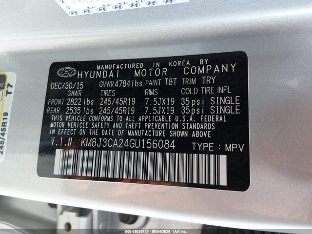 Продаж на аукціоні авто 2016 Hyundai Tucson Limited, vin: KM8J3CA24GU156084, номер лоту: 45036787