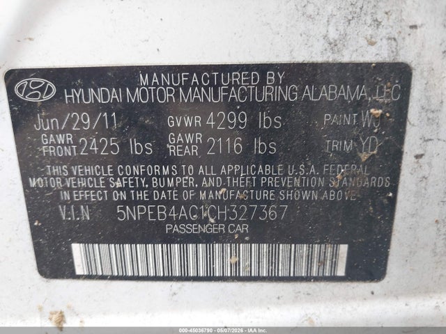 Aukcja sprzedaży 2012 Hyundai Sonata Gls, vin: 5NPEB4AC1CH327367, numer aukcji: 45036790