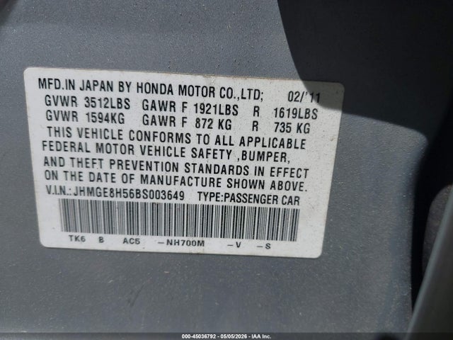 Aukcja sprzedaży 2011 Honda Fit Sport, vin: JHMGE8H56BS003649, numer aukcji: 45036792