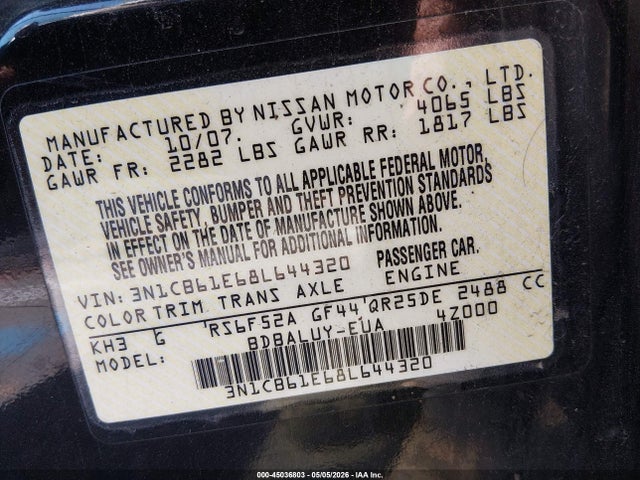 Aukcja sprzedaży 2008 Nissan Sentra Se-r Spec V, vin: 3N1CB61E68L644320, numer aukcji: 45036803