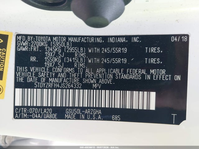 45036815 :رقم المزاد ، 5TDYZRFH4JS264332 vin ، 2018 Toyota Highlander Limited مزاد بيع