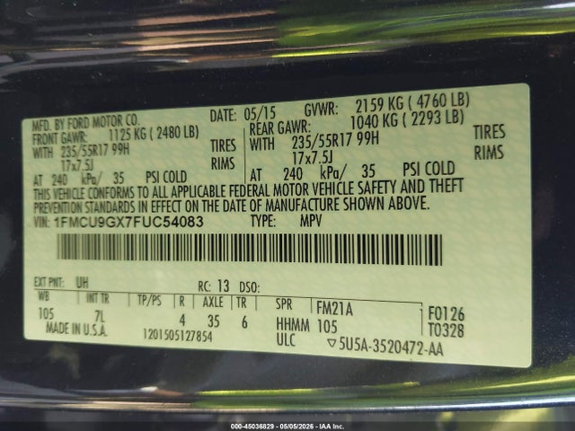 45036829 :رقم المزاد ، 1FMCU9GX7FUC54083 vin ، 2015 Ford Escape Se مزاد بيع
