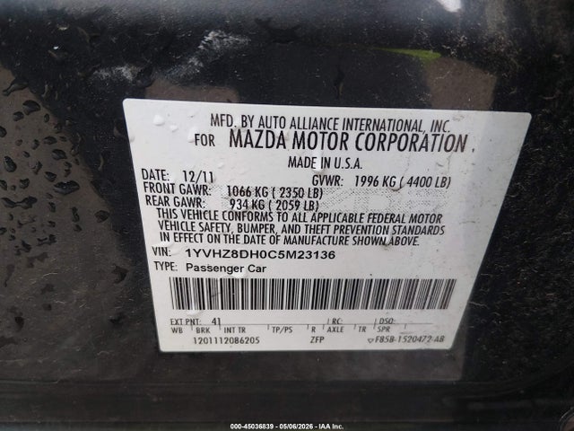 2012 Mazda Mazda6 I Touring მანქანა იყიდება აუქციონზე, vin: 1YVHZ8DH0C5M23136, აუქციონის ნომერი: 45036839