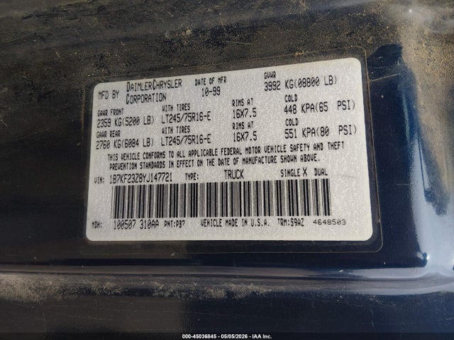 Aukcja sprzedaży 2000 Dodge Ram 2500 St, vin: 1B7KF23Z8YJ147721, numer aukcji: 45036845