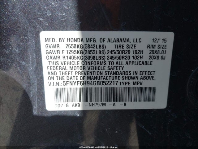 2016 Honda Pilot Touring მანქანა იყიდება აუქციონზე, vin: 5FNYF6H94GB052217, აუქციონის ნომერი: 45036849