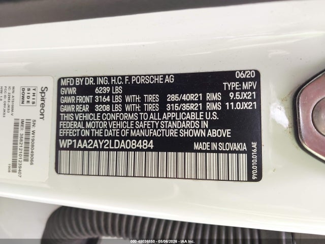 45036850 :رقم المزاد ، WP1AA2AY2LDA08484 vin ، 2020 Porsche Cayenne مزاد بيع