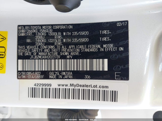 45036861 :رقم المزاد ، JTJBZMCAXH2022739 vin ، 2017 Lexus Rx 350 مزاد بيع