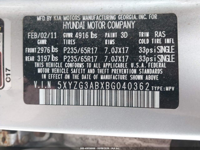 Aukcja sprzedaży 2011 Hyundai Santa Fe Gls, vin: 5XYZG3ABXBG040362, numer aukcji: 45036866