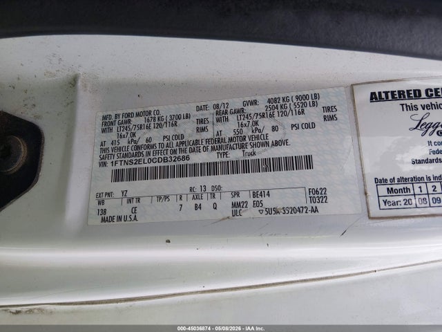 45036874 :رقم المزاد ، 1FTNS2EL0CDB32686 vin ، 2012 Ford E-250 Commercial مزاد بيع