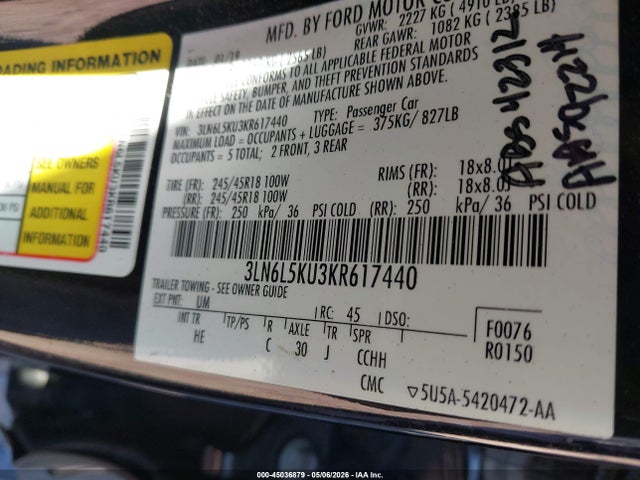 Auction sale of the 2019 Lincoln Mkz Hybrid Standard, vin: 3LN6L5KU3KR617440, lot number: 45036879
