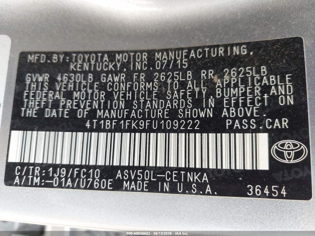 45036882 :رقم المزاد ، 4T1BF1FK9FU109222 vin ، 2015 Toyota Camry Le مزاد بيع