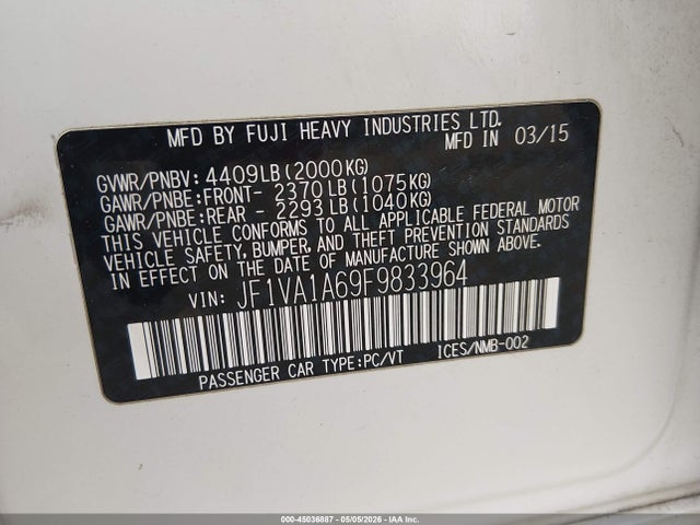 Aukcja sprzedaży 2015 Subaru Wrx, vin: JF1VA1A69F9833964, numer aukcji: 45036887