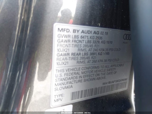 Aukcja sprzedaży 2019 Audi Q8 55 Premium, vin: WA1BVAF19KD030362, numer aukcji: 45036888