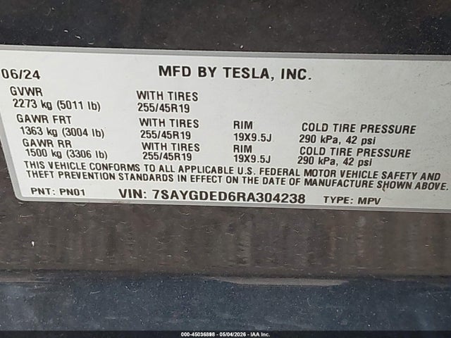 Продаж на аукціоні авто 2024 Tesla Model Y Long Range Single Motor Rear-wheel Drive/rwd, vin: 7SAYGDED6RA304238, номер лоту: 45036898