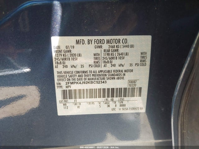 Продажа на аукционе авто 2019 Ford Edge Sel, vin: 2FMPK4J92KBC52343, номер лота: 45036901