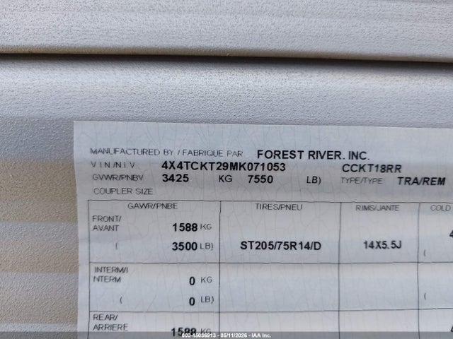 Forest Riv Cherokee 2021 4X4TCKT29MK071053 Image 9