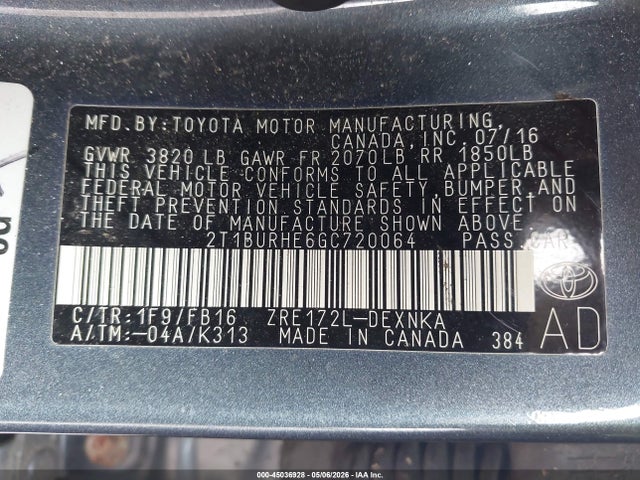 2T1BURHE6GC720064 Toyota COROLLA LE