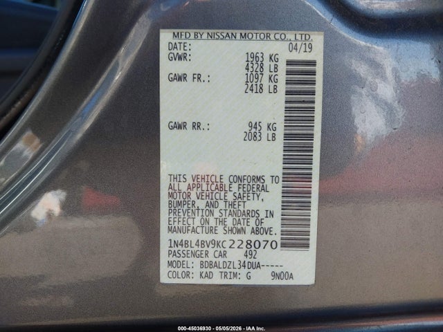 Nissan Altima 2.5 S 2019 1N4BL4BV9KC228070 Image 9